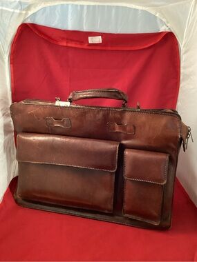 Men's Leather Briefcase with Front Utility Pockets - Brown